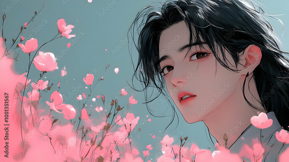 Anime Boy Looking at Flowers in the Breeze Anime Boy Looking at Flowers in the Breeze