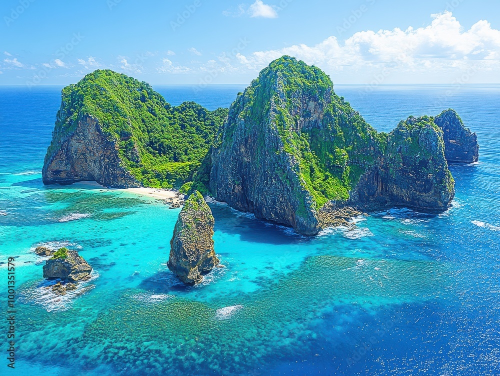 Obraz premium Breathtaking Aerial View of Remote Tropical Island with Lush Green Mountains and Clear Blue Waters in Idyllic Ocean Setting