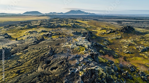 Sprawling lava field with rugged flows patches of moss and volcanic craters