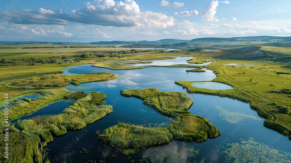 Wetland with rich green reeds winding channels and small lakes from above Wetland with rich green reeds winding channels and small lakes from above