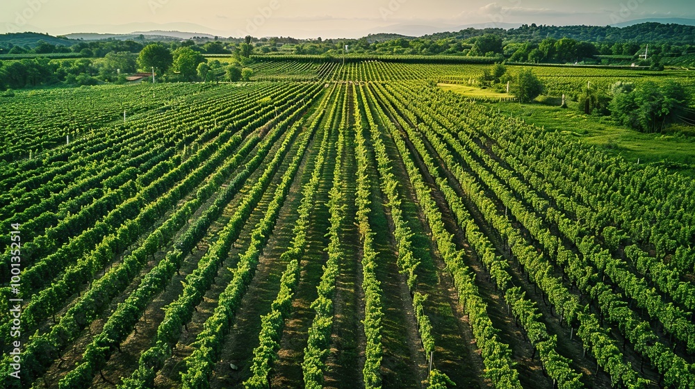 Expansive vineyard with rows of grapevines and clusters of trees on the horizon Expansive vineyard with rows of grapevines and clusters of trees on the horizon