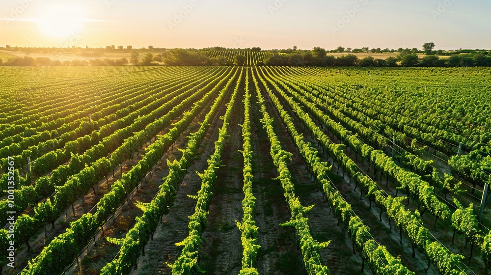 Vineyard with orderly grapevines and clusters of trees extending to the horizon