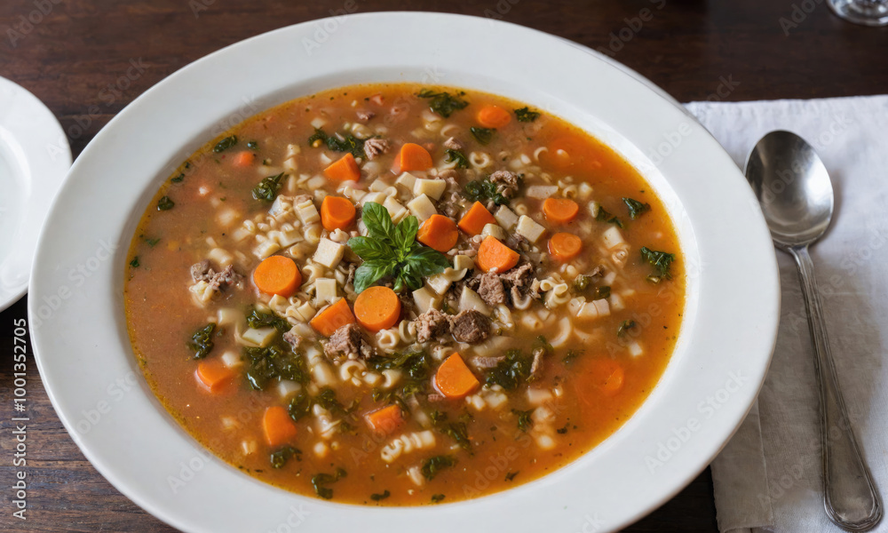 A bowl of hearty soup with pasta, vegetables, and meat, ready to be enjoyed A bowl of hearty soup with pasta, vegetables, and meat, ready to be enjoyed