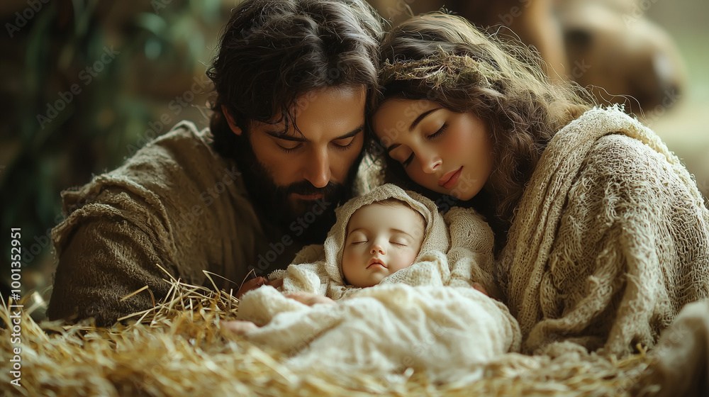 Obraz premium Christmas Nativity Scene, Birth of Baby Jesus with his parents Joseph and Mary. Christmas Nativity Scene.