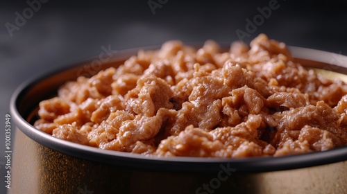 Close-up of minced meat cat food in a can with a dark grey blurred background.