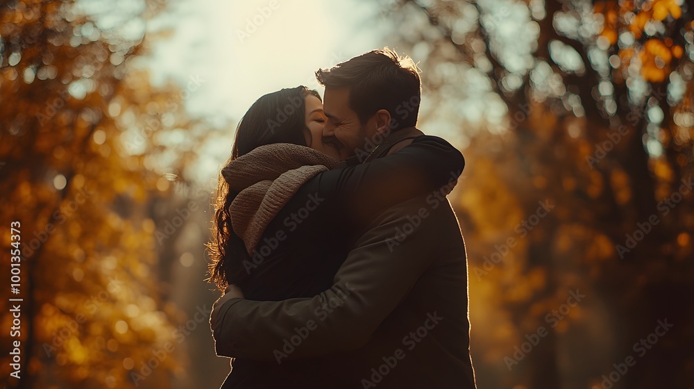 Cinematic scene of a couple in love, hugging and kissing against the backdrop of an autumn park