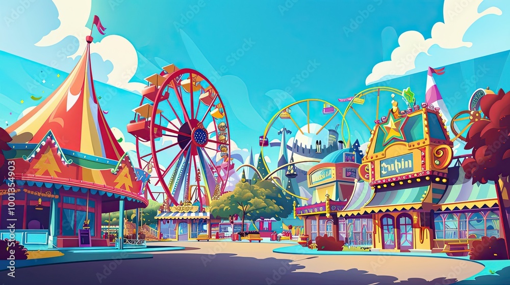Obraz premium Cheerful amusement park with colorful decorations and rides perfect for text overlay
