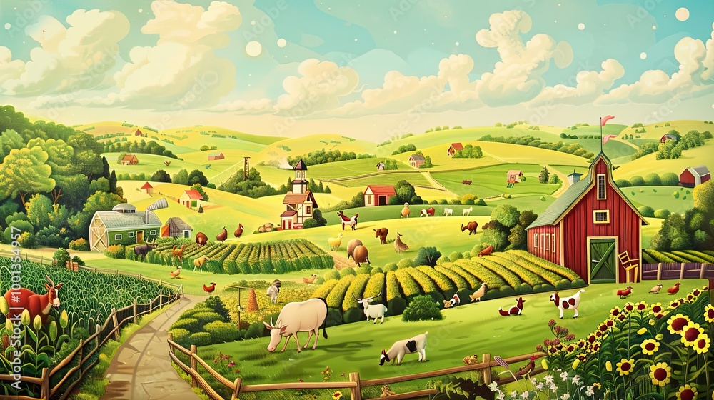 Fototapeta premium Cheerful farm scene with exaggerated barns and animals ideal for text