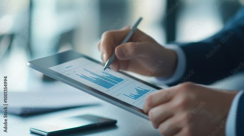 Fototapeta premium Business Analyst Reviewing Financial Data on Tablet