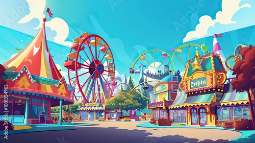 Cheerful amusement park with colorful decorations and rides perfect for text overlay