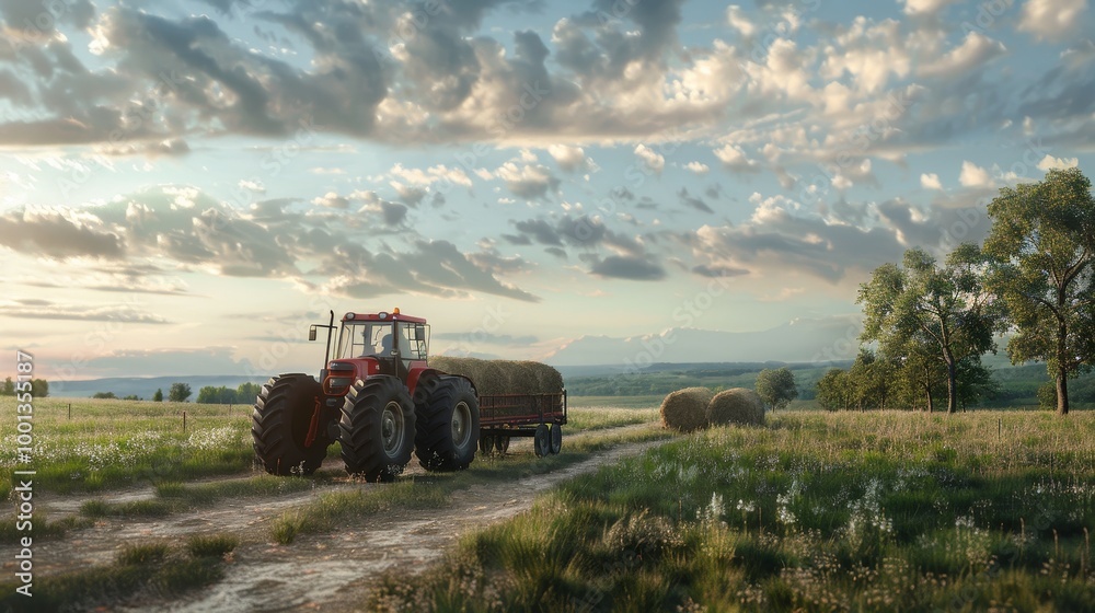 Obraz premium Realistic photo of a tractor pulling hay bales in a beautiful countryside farm landscape
