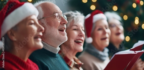 Joyful group of old people singing Christmas carols at nursing home bringing holiday cheer to residents