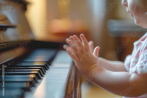 Close-up of a baby's hands playing the piano, showcasing the innocence and curiosity of early childhood.