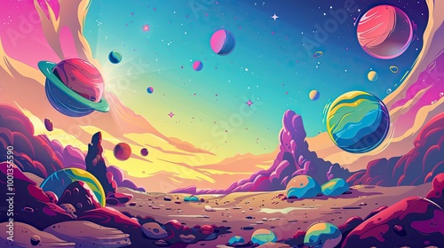 Fototapeta Naklejka Na Ścianę i Meble -  Outer space scene with exaggerated planets colorful asteroids and whimsical star formations