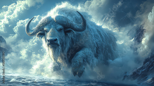 Majestic Ice Buffalo Emerging from the Sea in a Dramatic Fantasy Landscape