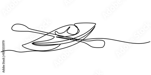 Single continuous line drawing canoe trails and rafting club with kayaking equipment. Vintage mountain, rafting, kayaking, paddling, canoeing camping.Outdoor Sports Continuous Line Editable Stroke