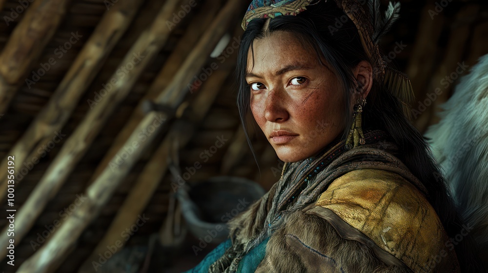 Obraz premium Portrait of a Woman in Traditional Tribal Clothing with Intricate Headpiece in a Rustic Setting