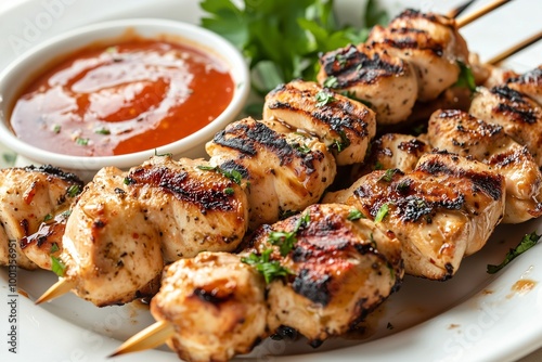 A plate of grilled chicken skewers with a side of dipping sauce, arranged beautifully on a white dish.