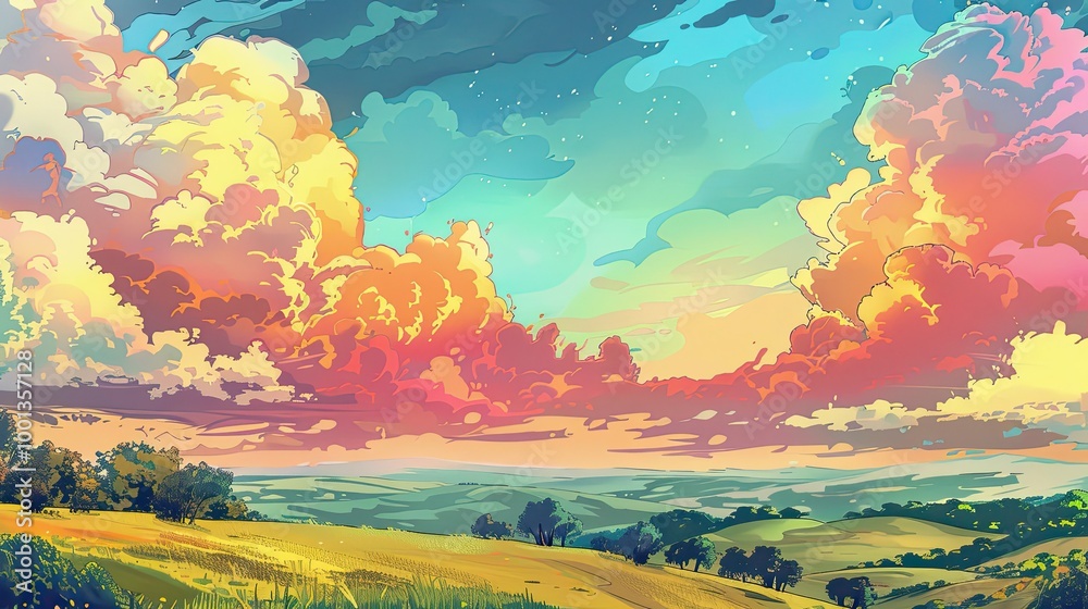 Playful hilltop scene with exaggerated hills and vibrant clouds under clear skies perfect for text Playful hilltop scene with exaggerated hills and vibrant clouds under clear skies perfect for text