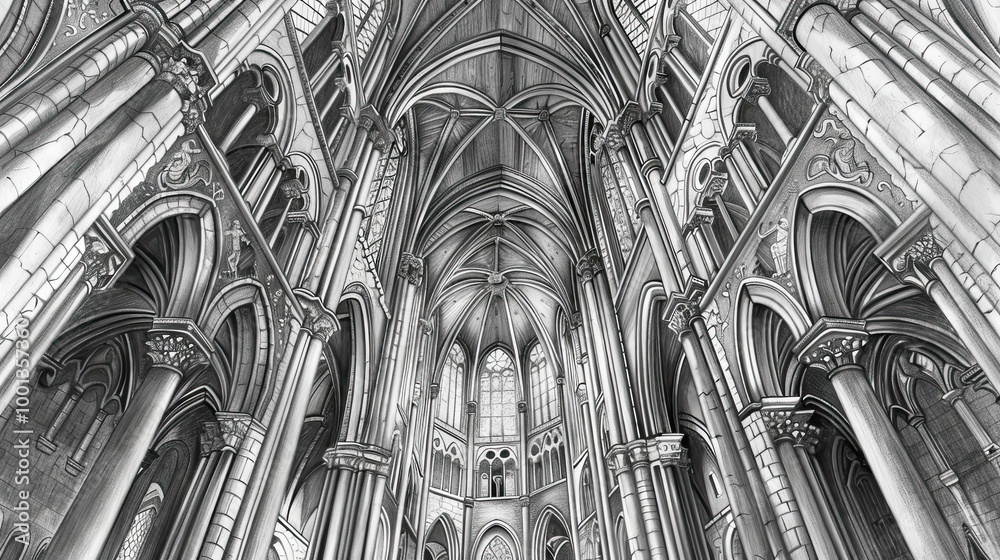 Intricate pencil illustration of a grand gothic cathedral with detailed stained glass windows and arches creating a majestic wallpaper backdrop
