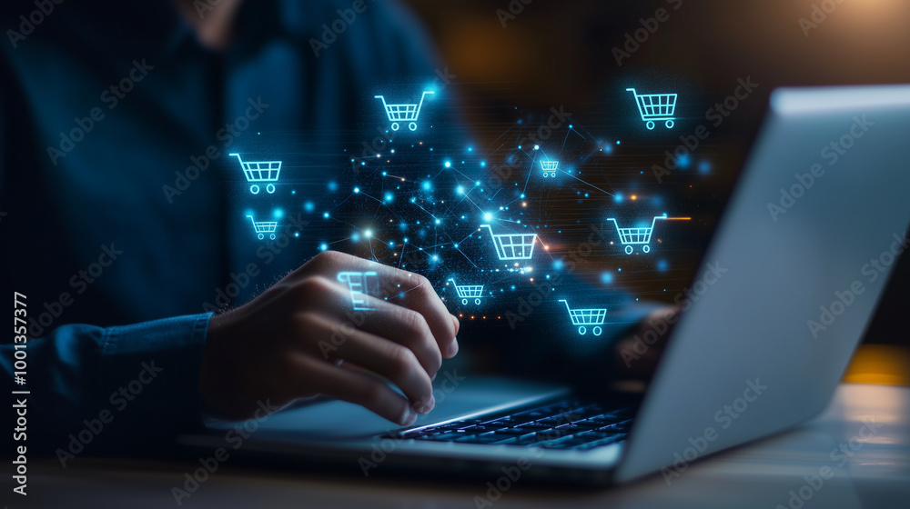 Businessman Engaging in Online Shopping Through a Laptop with Virtual Shopping Cart Icons A close-up of a hand interacting with a holographic shopping cart icon while sitting in fr Businessman Engaging in Online Shopping Through a Laptop with Virtual Shopping Cart Icons A close-up of a hand interacting with a holographic shopping cart icon while sitting in fr