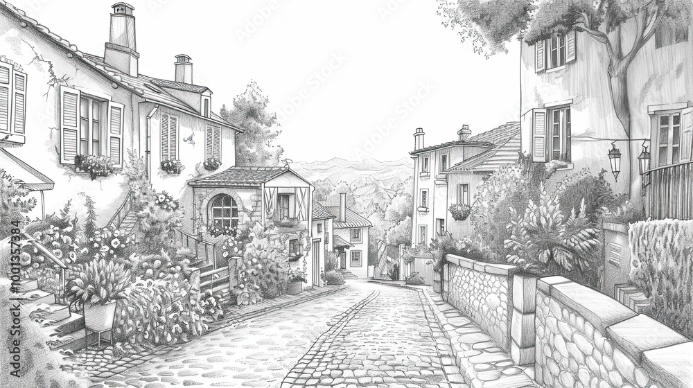 Obraz premium Hand-drawn village street with cobblestones and cottages detailed with greenery and flower boxes creating a peaceful wallpaper backdrop