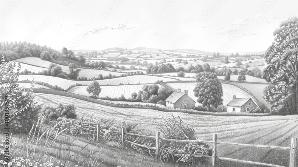 Fototapeta premium Tranquil pencil-drawn countryside scene with patchwork fields and rolling hills creating a serene and detailed wallpaper backdrop