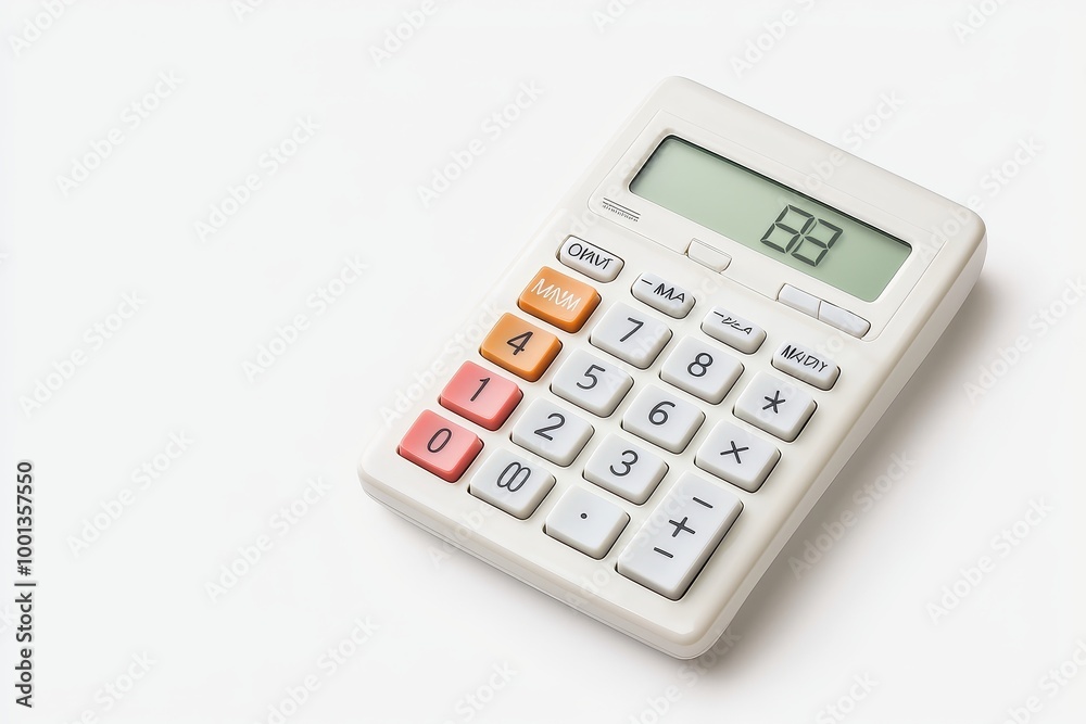 A basic calculator with large buttons on solid white background, single object A basic calculator with large buttons on solid white background, single object