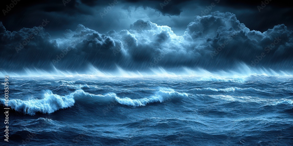 Intense Ocean Storm with Turbulent Waves and Dark Thunderclouds Under a Dramatic Night Sky Capturing Nature's Power and Wrath