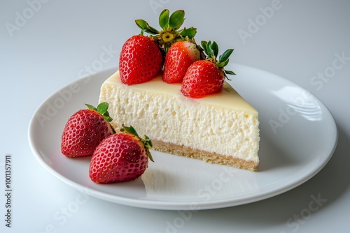 A rich and creamy slice of cheesecake topped with fresh strawberries, set on a clean white plate.