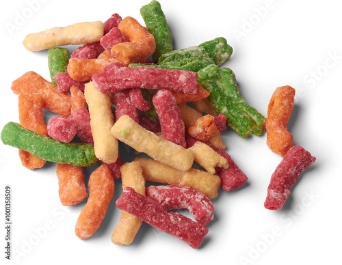 pile of colorful sugar murukku isolated white background, traditional indian sweet snack made from rice flour and coated with sugar syrup and dyed in vibrant colors photo