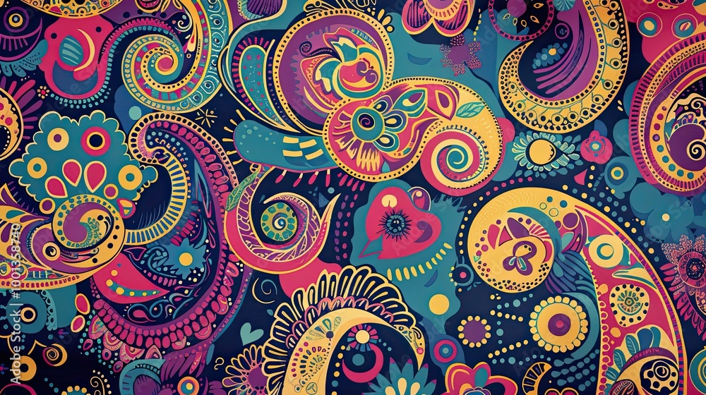 Naklejka premium Wallpaper with intricate paisley motifs bold colors and comic-style contours