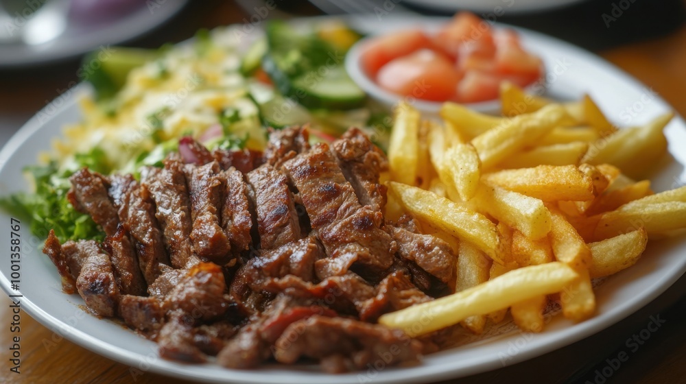 A plate of juicy shawarma served alongside golden fries and a fresh salad, ready for a delicious meal. A plate of juicy shawarma served alongside golden fries and a fresh salad, ready for a delicious meal.