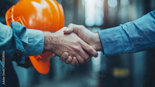 Architect and engineer construction workers shaking hands while working for teamwork and cooperation concept after finish an agreement.