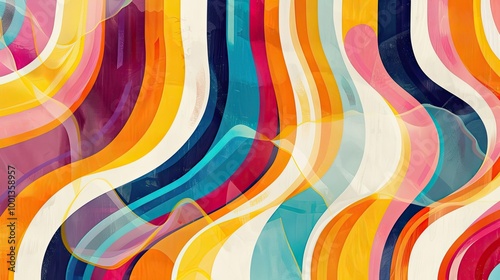 Overlapping stripes bright colors and comic details in a playful 70s wallpaper