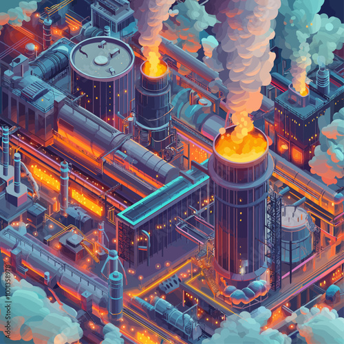 Isometric Factory Pollution Environmental Impact