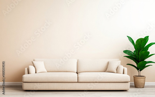 Cozy beige sofa with decorative cushions against a soft cream wall and a healthy potted plant in a modern living room