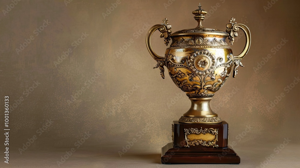 Deep gold trophy with ornate design mounted on a wood base against neutral taupe background Deep gold trophy with ornate design mounted on a wood base against neutral taupe background