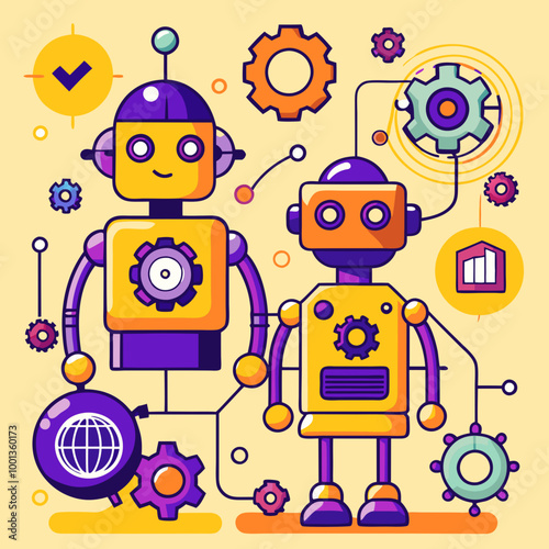 AI powered robot with neural network and artificial intelligence. Editable vector SVG