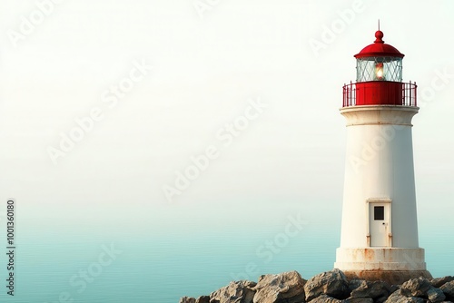 A serene lighthouse perched on rocky shores, standing tall against the tranquil sea, symbolizing guidance and navigation in calm waters, perfect for coastal scenery. photo