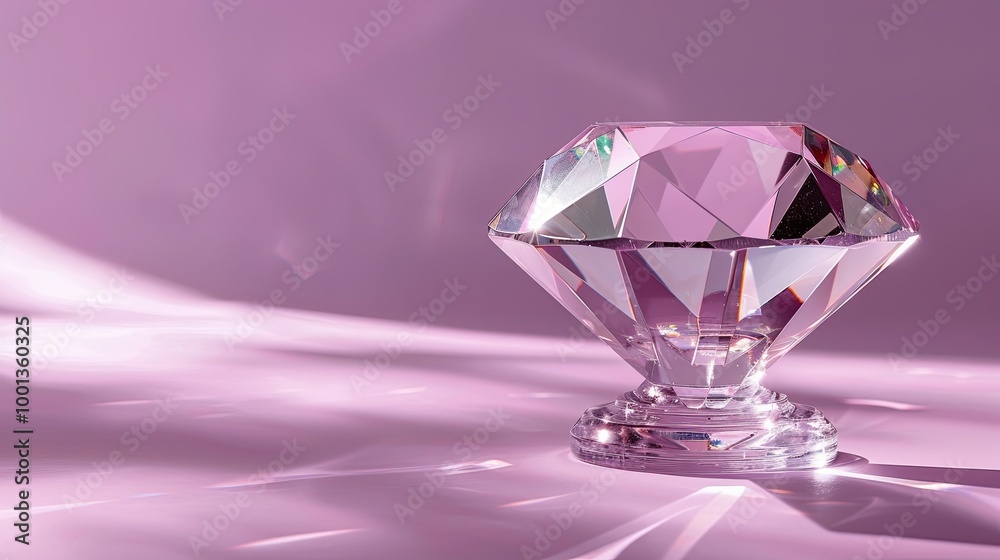 Clear diamond-shaped trophy with sharp cuts on silver base framed by lavender backdrop Clear diamond-shaped trophy with sharp cuts on silver base framed by lavender backdrop
