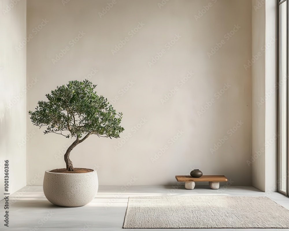 Living room with a large indoor juniper tree, surrounded by natural stone accents, juniper tree interior, earthy decor Living room with a large indoor juniper tree, surrounded by natural stone accents, juniper tree interior, earthy decor
