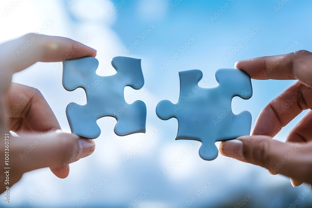 Hands Connecting Two Puzzle Pieces for Success and Unity Hands Connecting Two Puzzle Pieces for Success and Unity
