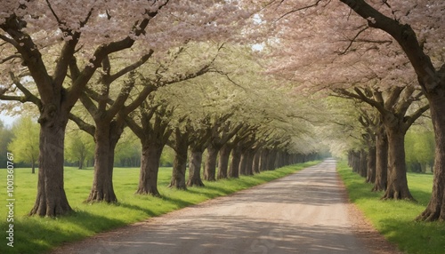 A tranquil spring stroll down a tree-lined road surrounded by blossoming cherry blossoms and fresh greenery