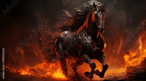 running flaming black horse in a dark background.