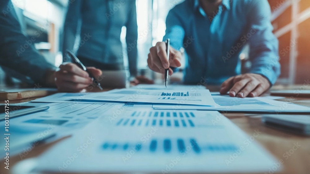 Colleagues Reviewing Financial Reports in Office Setting Colleagues Reviewing Financial Reports in Office Setting