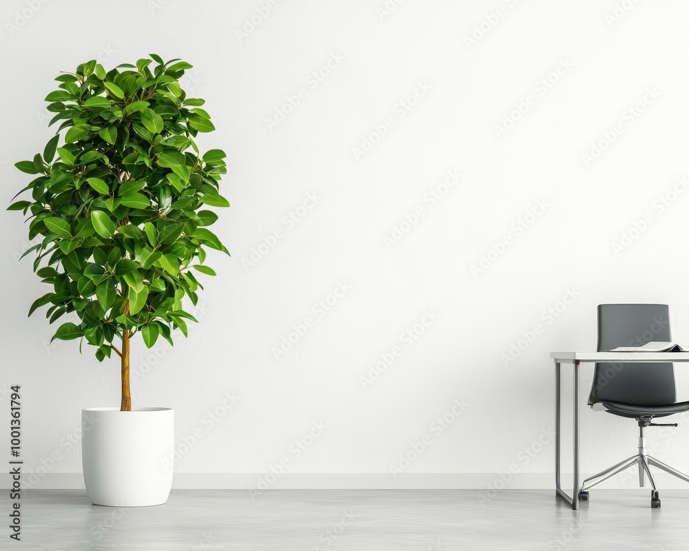 Home office with a tall indoor ficus tree next to a desk, creating a productive environment, ficus tree office, green workspace Home office with a tall indoor ficus tree next to a desk, creating a productive environment, ficus tree office, green workspace