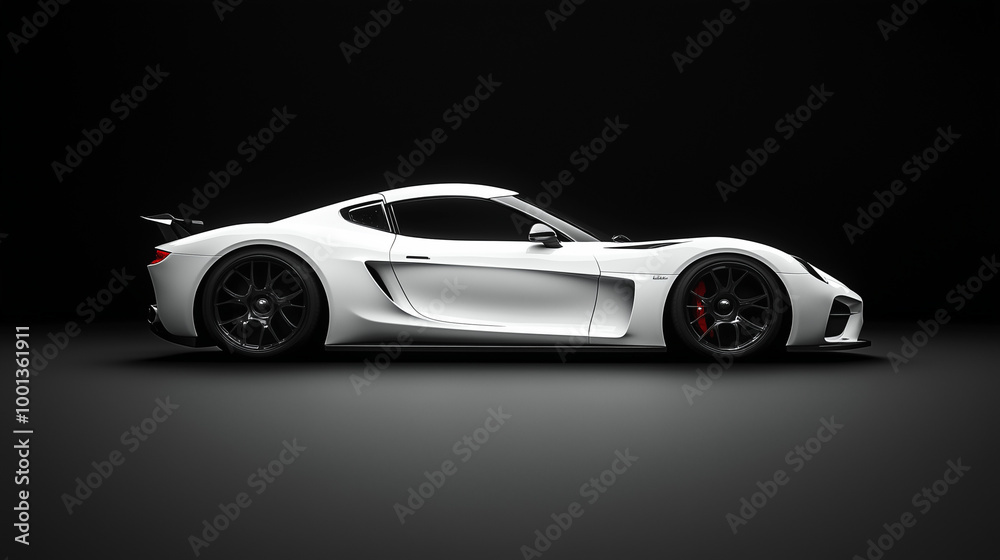 Fototapeta premium Modern white sports car on black background. Side view. sports. Illustrations 