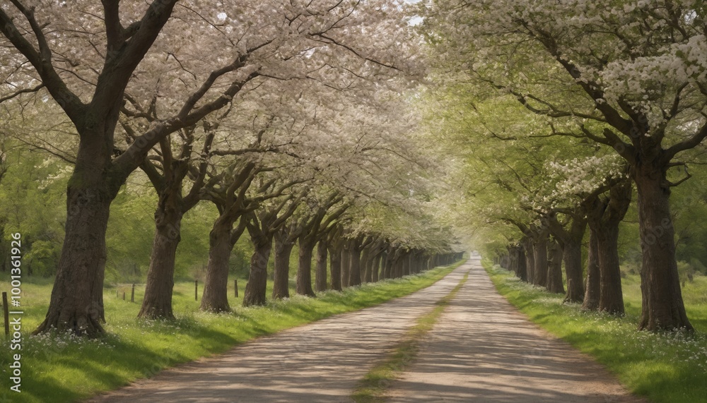 Breathtaking spring stroll through a cherry blossom-lined road with vibrant greenery and blooming flowers along the pathway Breathtaking spring stroll through a cherry blossom-lined road with vibrant greenery and blooming flowers along the pathway