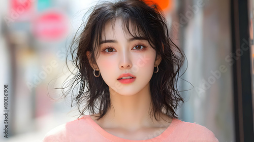 Pretty Woman with Short Wavy Hair in Pink Shirt